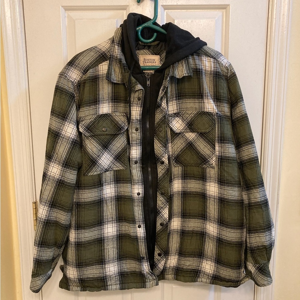 Boston Traders Men's Fleece Lined Olive Green Plaid Hooded Shirt Jacket